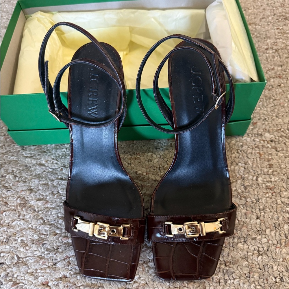 Like new in box- J. Crew Dark Brown Heeled Sandals with Gold Accents size 9.5